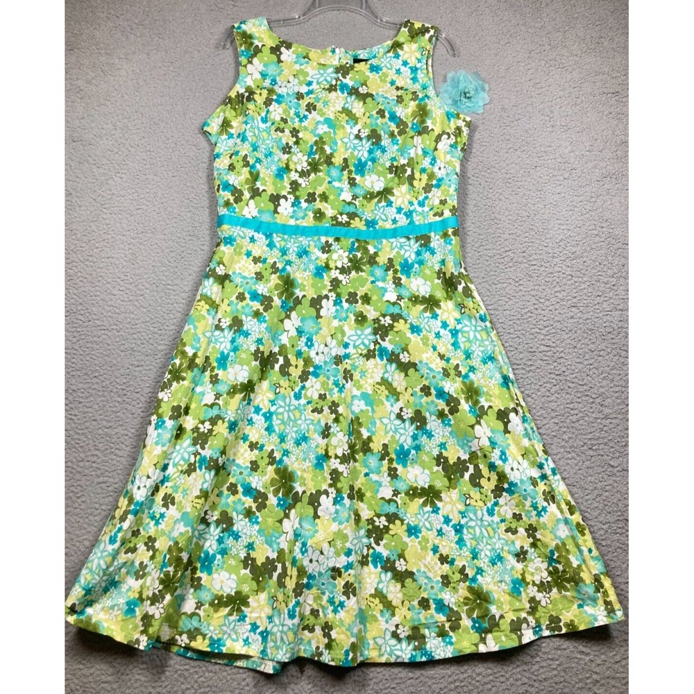 Requirements Floral A-Line Dress Womens 12 Green Teal Sleeveless Cotton Stretch